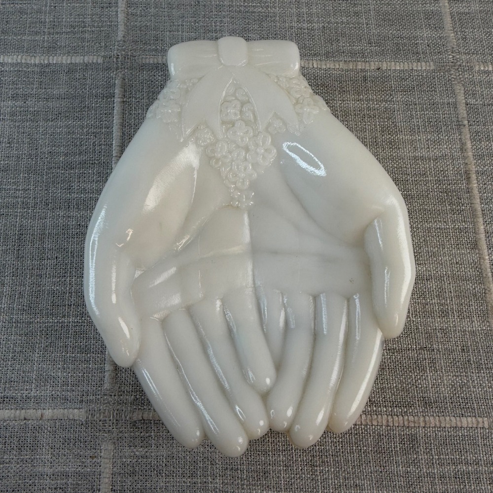 Avon Milk Glass Hand Dish Touch of Beauty Jewelry Trinket Bowl Cottagecore